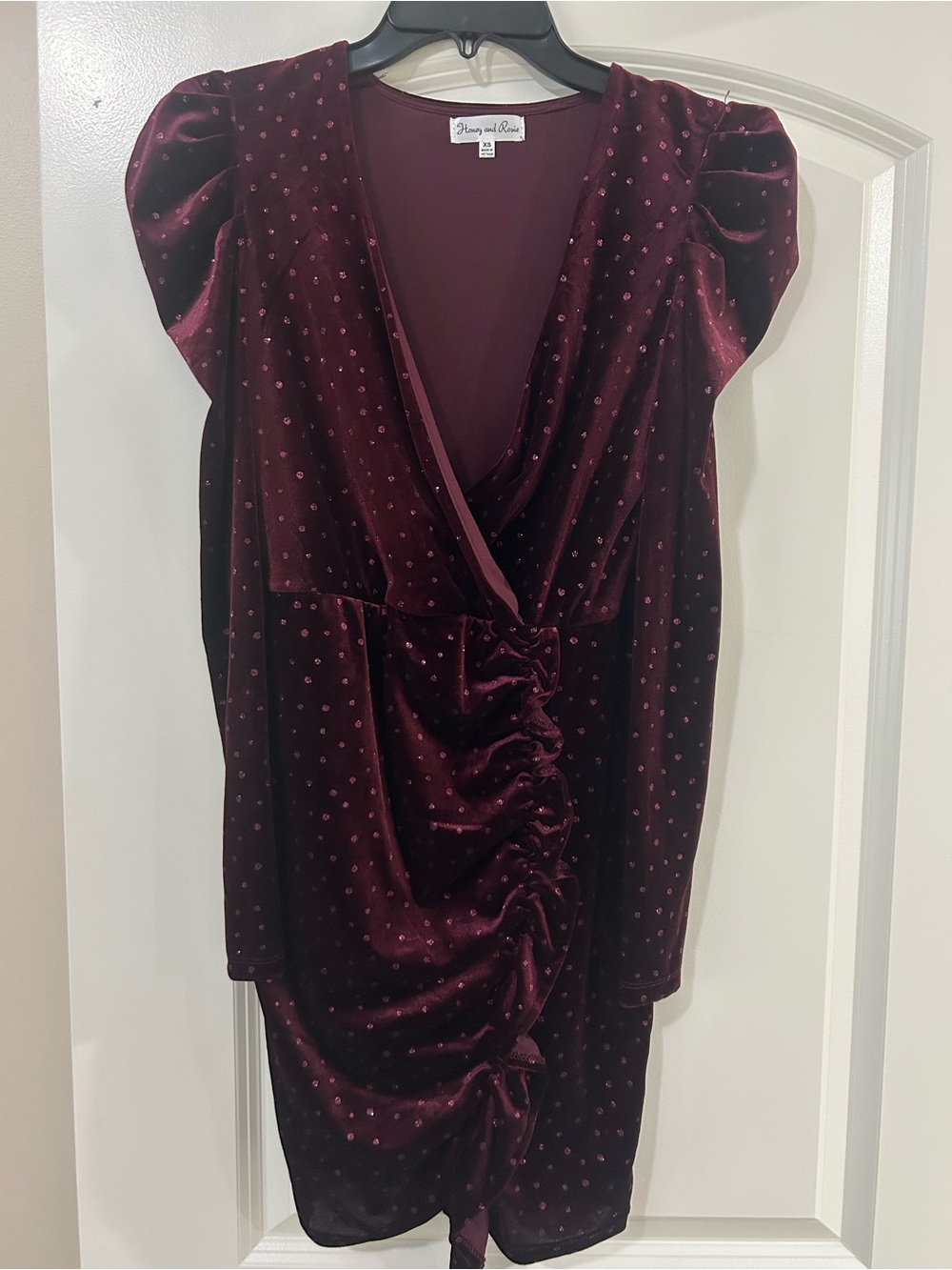 Honey and Rosie Burgundy Velvet Ruched Mini Dress with Dot Texture